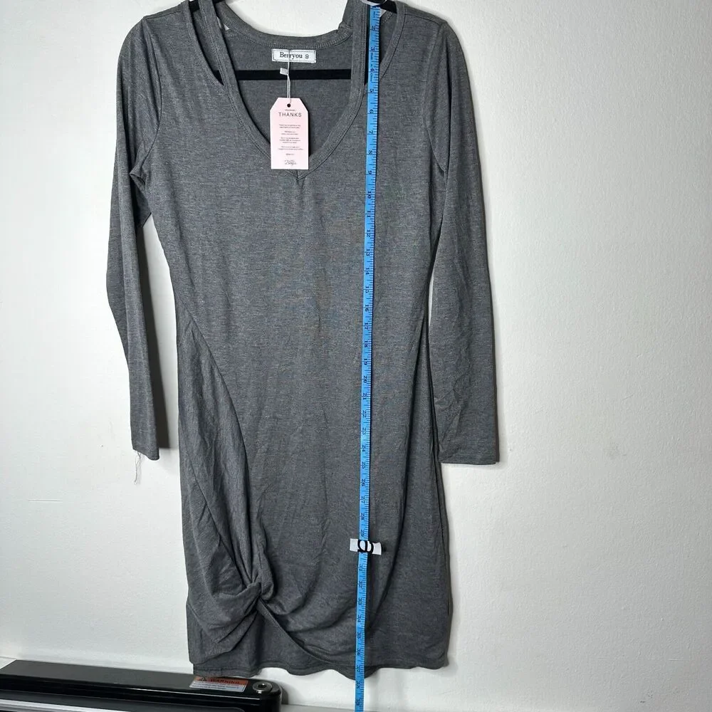 NWT Berryou Gray Cold-Shoulder Long Sleeve Front Tie Hem Knit Mini Dress Medium - Picture 12 of 12